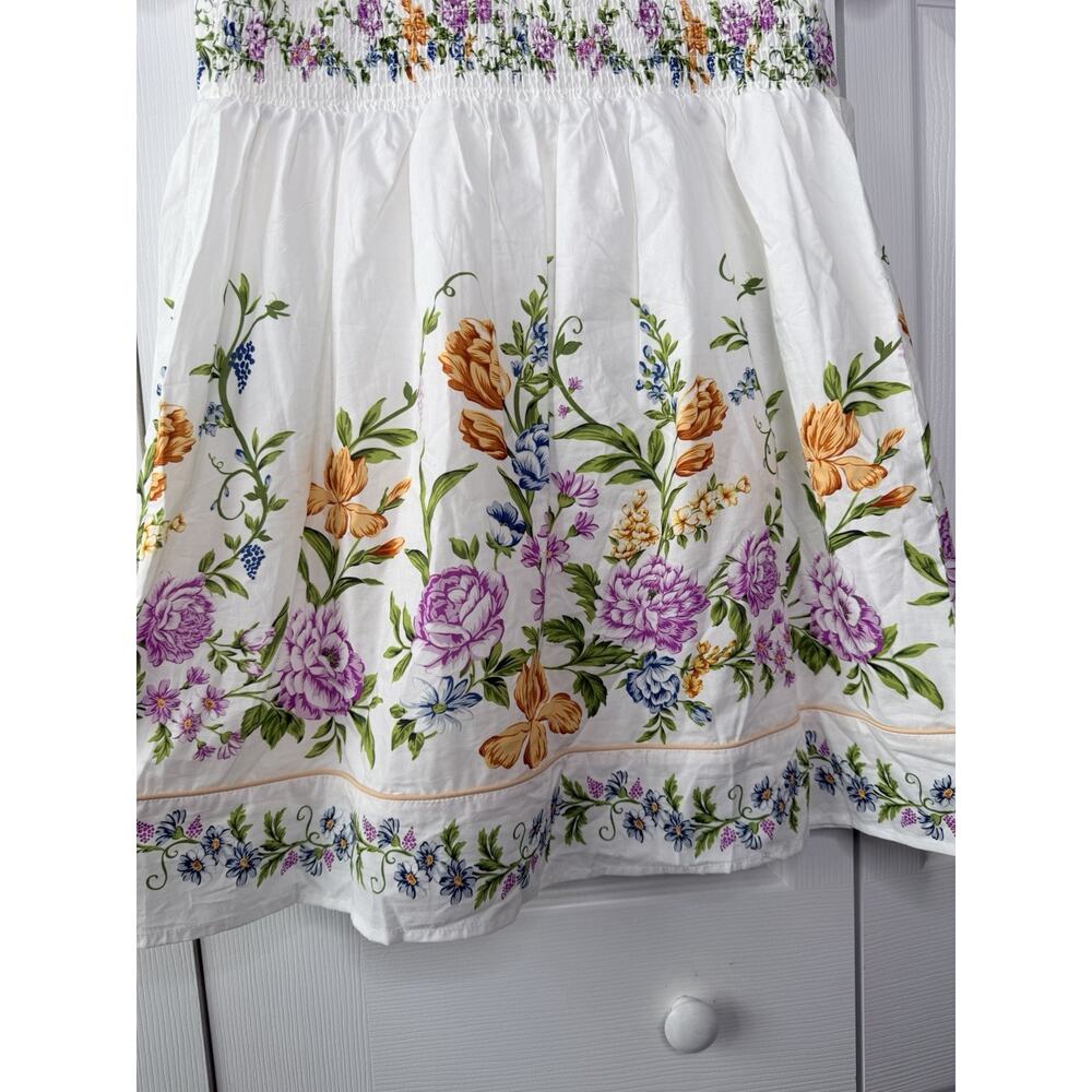 Calypso White Floral V-Neck Puff Sleeve Bordered Mini Dress Size M - Picture 6 of 13
